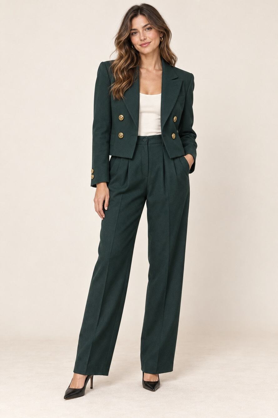 Vintage Saks Fifth Avenue The Works Green Wool Pantsuit Gold Button Set